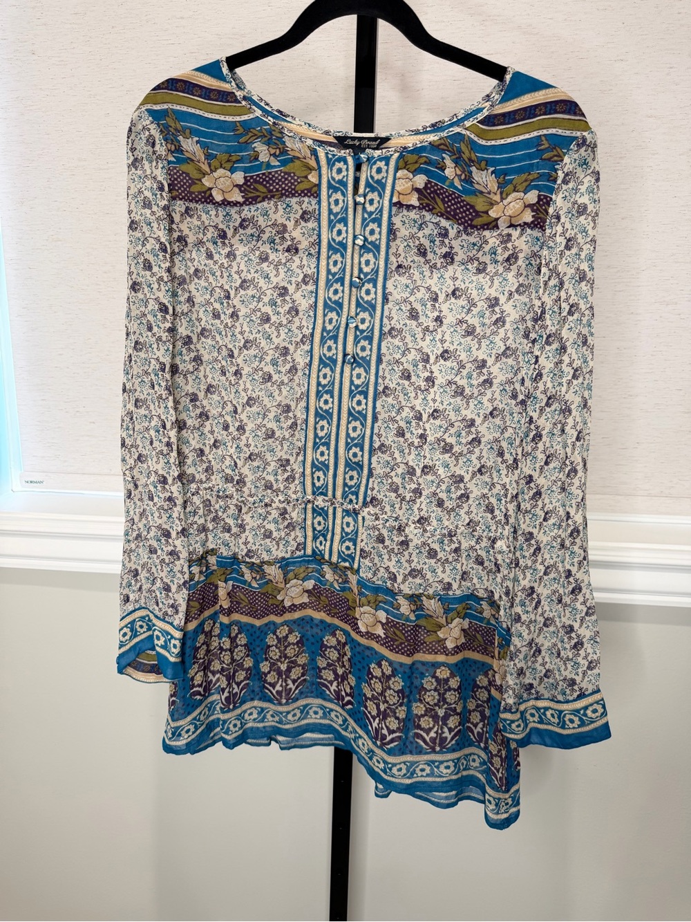 Lucky Brand Blue Floral Border Print Tunic Top